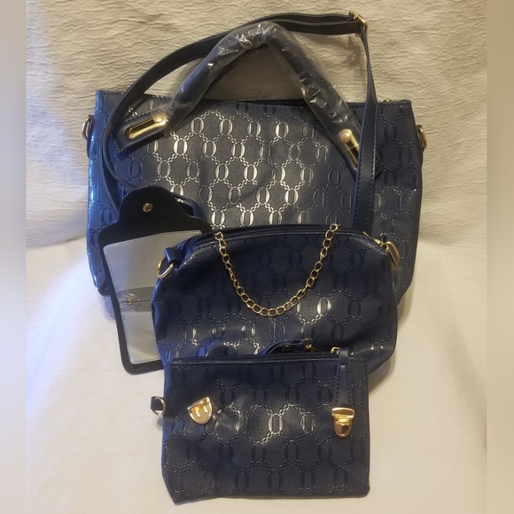 Handbags - Matching set of 3 textured dark blue purses w chocolate brown interiors
